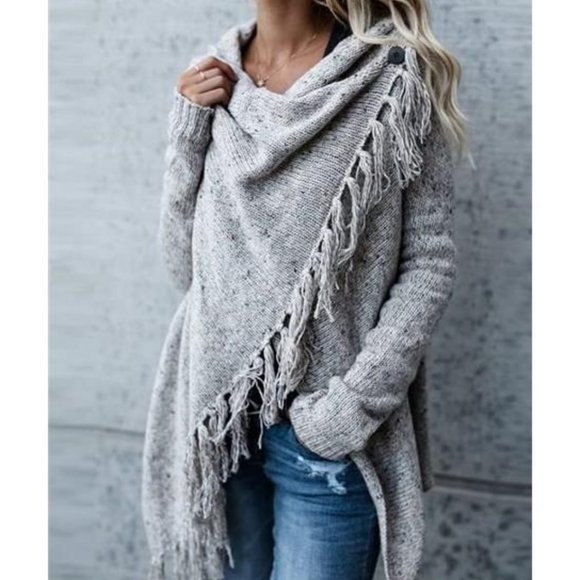 Grey Cardigan Boho Sweater Cover Up Poncho Wrap Knit Tassels Trendy Womens Top - Picture 1 of 12
